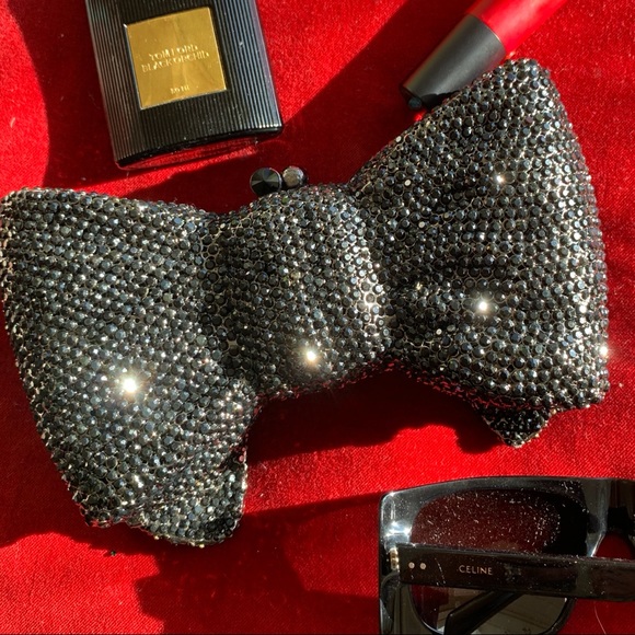 New Black Rhinestone Bow Minaudiére Clutch Evening Bag - Picture 7 of 10